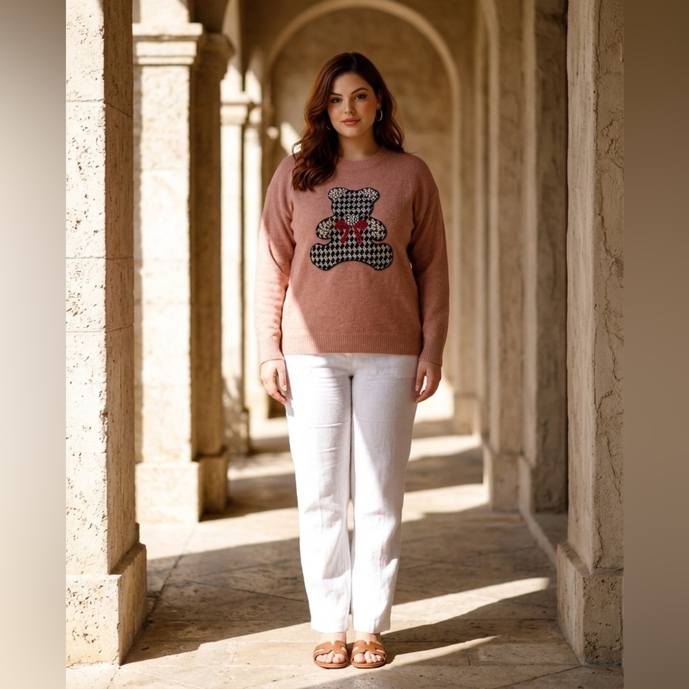 Women’s Boutique Large / XL Pink Teddy Bear Bow Sweater, Pearls, Gems, Bling NWT - Picture 1 of 11